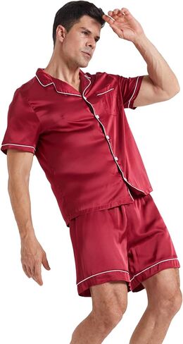 LANBAOSI Mens Satin Pajamas Set Shorts Summer Silk Button Down PJ Short Sleeve Shirt Tops Bottoms Loungewear in Kuwait