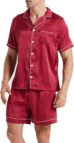 LANBAOSI Mens Satin Pajamas Set Shorts Summer Silk Button Down PJ Short Sleeve Shirt Tops Bottoms Loungewear in Kuwait