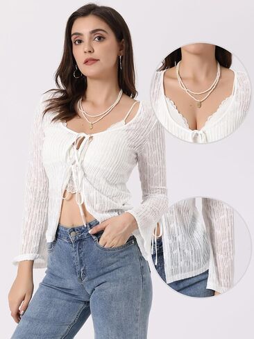 Allegra K Lace Shrug Top for Women's Tie Front Bell Long Sleeve Bolero Cardigan in Saudi Arabia