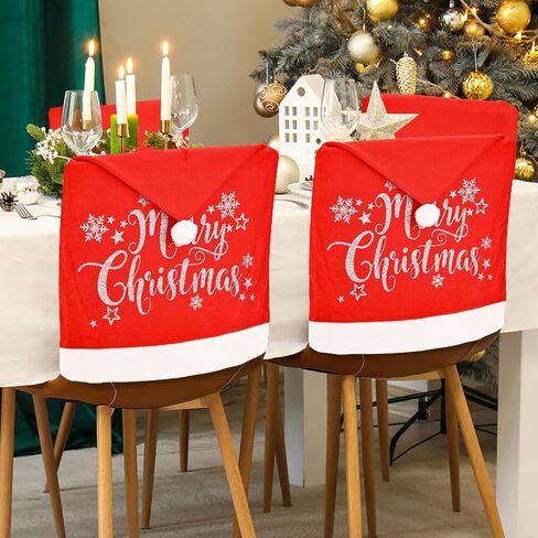 Christmas Chair Covers Set of 4 Santa Hat, Silver Glitter Print, High Resilience Pompon on Top, Size 25"x20", Christmas Decorations Indoor for Dining Room, Christmas Party Decorations in Saudi Arabia