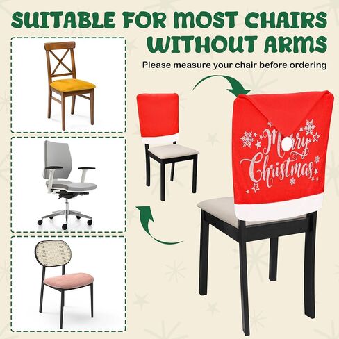 Christmas Chair Covers Set of 4 Santa Hat, Silver Glitter Print, High Resilience Pompon on Top, Size 25"x20", Christmas Decorations Indoor for Dining Room, Christmas Party Decorations in Saudi Arabia