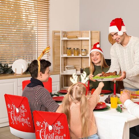 Christmas Chair Covers Set of 4 Santa Hat, Silver Glitter Print, High Resilience Pompon on Top, Size 25"x20", Christmas Decorations Indoor for Dining Room, Christmas Party Decorations in Saudi Arabia
