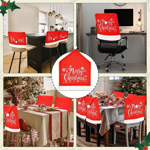 Christmas Chair Covers Set of 4 Santa Hat, Silver Glitter Print, High Resilience Pompon on Top, Size 25"x20", Christmas Decorations Indoor for Dining Room, Christmas Party Decorations in Saudi Arabia