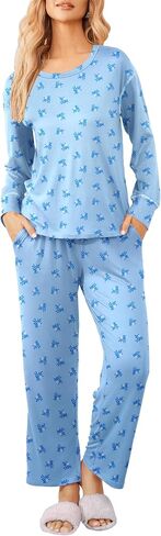 Ekouaer Women's Pajamas Set 2 Piece Long Sleeve Loungewear Sets Cover Stitch Crewneck Top and Long Pants with Pockets in Saudi Arabia