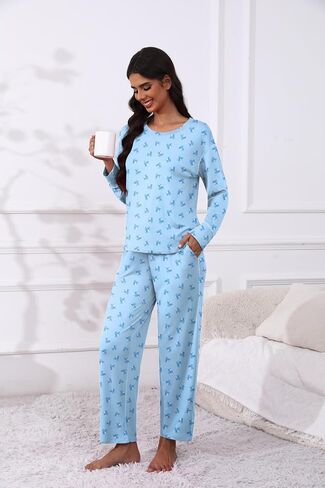 Ekouaer Women's Pajamas Set 2 Piece Long Sleeve Loungewear Sets Cover Stitch Crewneck Top and Long Pants with Pockets in Saudi Arabia