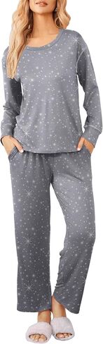 Ekouaer Women's Pajamas Set 2 Piece Long Sleeve Loungewear Sets Cover Stitch Crewneck Top and Long Pants with Pockets in Saudi Arabia