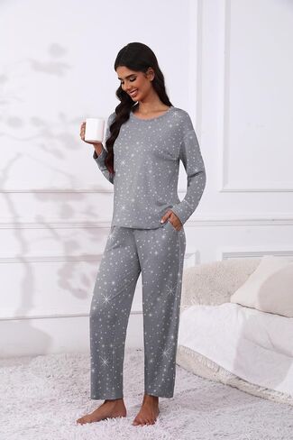 Ekouaer Women's Pajamas Set 2 Piece Long Sleeve Loungewear Sets Cover Stitch Crewneck Top and Long Pants with Pockets in Saudi Arabia
