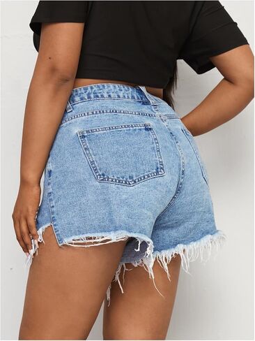 Women's Plus Size Ripped Jean Shorts High Waist Frayed Wide Leg Denim Shorts in Saudi Arabia