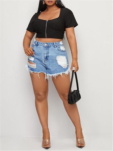Women's Plus Size Ripped Jean Shorts High Waist Frayed Wide Leg Denim Shorts in Saudi Arabia