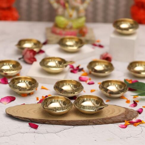 Golden Brass Kuber Diya Deepak – Handmade Traditional Oil Lamp Set of 8 for Diwali Pooja and Home Decoration, Made of Virgin Brass Metal Perfect for Festival Celebrations - Size (2.50") in Kuwait