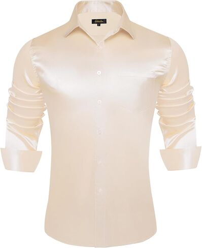 DiBanGu Mens Long Sleeve Button Down Shirt,Satin Shiny Dress Shirt for Men Solid Regular Fit Shirts with Pocket Wedding Party in Kuwait