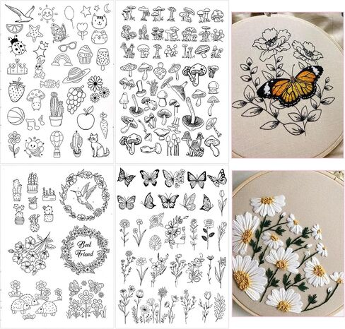 86 قطعة من أنماط التطريز اليدوي، أنماط التطريز القابلة للذوبان في الماء مع الزهرة والعشب والفراشة وقوس قزح والفطر والفراشة والجرو والقطط in Kuwait