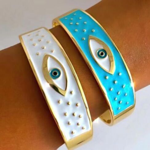 Evil Eye Bracelet for Women -18K Gold Plated Women's Stainless Steel Cuff Bracelets Evil Eye Drop Oil Blue Eyes Protection Bracelet in Saudi Arabia