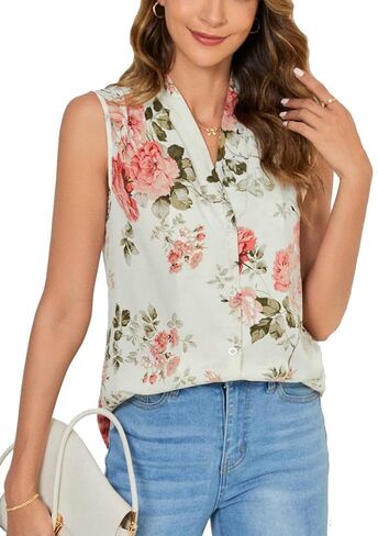 Milumia Women's Floral Print Sleeveless Button Down V Neck Tank Blouse Vest in Saudi Arabia