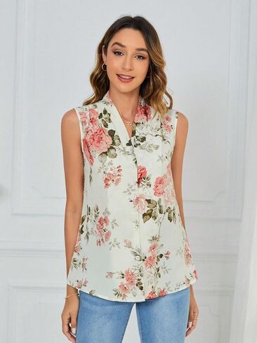 Milumia Women's Floral Print Sleeveless Button Down V Neck Tank Blouse Vest in Saudi Arabia