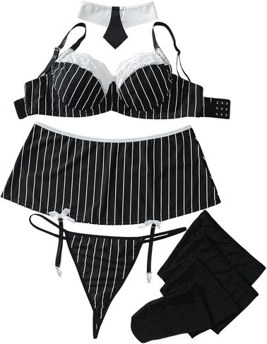 MakeMeChic Women's Plus Size 6 Piece Lingerie Sets Striped Floral Lace Bra Thongs and Skirt Set in Saudi Arabia