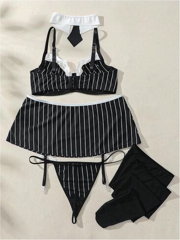 MakeMeChic Women's Plus Size 6 Piece Lingerie Sets Striped Floral Lace Bra Thongs and Skirt Set in Saudi Arabia