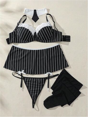 MakeMeChic Women's Plus Size 6 Piece Lingerie Sets Striped Floral Lace Bra Thongs and Skirt Set in Saudi Arabia