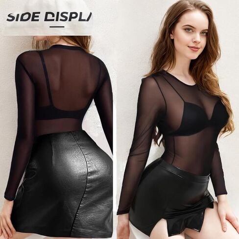 Women Mesh Bodysuit - Black Long Sleeve Sheer Mesh Bodysuit Top - Round Neck See Through Leotard Jumpsuit Snap Crotch in Kuwait
