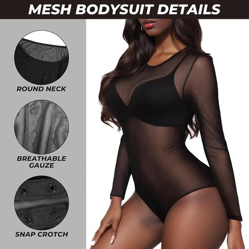 Women Mesh Bodysuit - Black Long Sleeve Sheer Mesh Bodysuit Top - Round Neck See Through Leotard Jumpsuit Snap Crotch in Kuwait