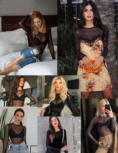 Women Mesh Bodysuit - Black Long Sleeve Sheer Mesh Bodysuit Top - Round Neck See Through Leotard Jumpsuit Snap Crotch in Kuwait