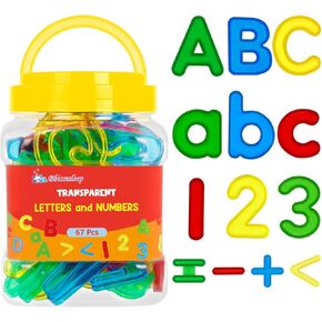 Bbiamsleep 67 Pcs Multi-Color Plastic Letters and Numbers Transparent Letters and Numbers with Mini Jar Plastic Alphabet Letters Light Table Manipulatives for Counting and Spelling