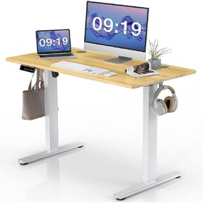 SMUG Standing Desk, 55 x 24 in Electric Height Adjustable Computer Desk for Home Office, Sit Stand up Work Gaming Table with Memory Controller/Headphone Hook, Rising Lift Workstation-Natural