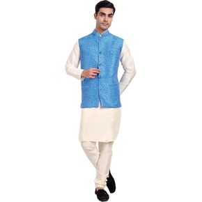 SKAVIJ Men's Indian Traditional Dupion Silk Kurta Pajama Nehru Jacket (Waistcoat) Set