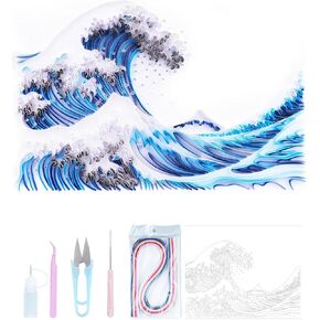 مجموعة اللف الورقية Uniquilling Kit للبالغين المبتدئين، أدوات أدوات الرسم اليدوية المصنوعة يدويًا من ورق اللف، هدايا ديكور جدار الغرفة، 16 * 20 بوصة موجة رائعة من كاناغاوا (أساسية)