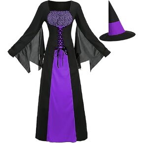 Witch Dress for Women, Medieval Vintage Wicked Witch Halloween Costume Gothic Sexy Sorceress Cosplay Long Dresses