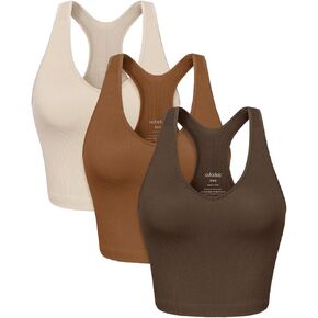ODODOS 3-Pack Seamless Racerback Crop Tank for Women Ribbed Knit Soft Crop Tops