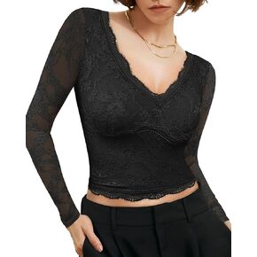 SAUNGKUAI Long-Sleeve Lace Tops for Women: Deep V-Neck Double Lined Basic Going Out Y2K Trendy Slim Fit Crop Top Shirts
