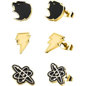 DC Comics Black ADAM 3 Pairs Stud Earrings Set - Officially Licensed Warner Bros. Stainless Steel Premium Quality Enamel Stud Earrings