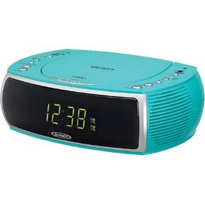 Jensen Sky Blue Modern Home CD منضدية ساعة ستيريو رقمية AM/FM راديو مشغل أقراص مضغوطة منبه مزدوج مشغل أقراص مضغوطة تحميل علوي | منفذ شحن USB DV 5V 800mA | جاك سماعة الرأس | 0.9 عرض LED الأخضر