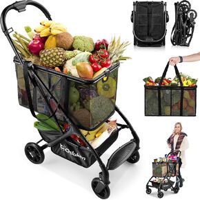 Triple Folding Shopping Grocery Cart, 75Lbs Collapsible Utility Cart with Removable Basket & Universal Wheels, Compact Lightweight Portable Personal Shopping Carts for Groceries, Luggage etc