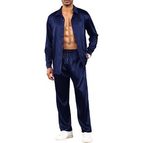 LecGee Men's Satin 2 Piece Outfits Lapel Long Sleeve Button Down Tops Jogger Pants Sets With Pocket Prom Club Party