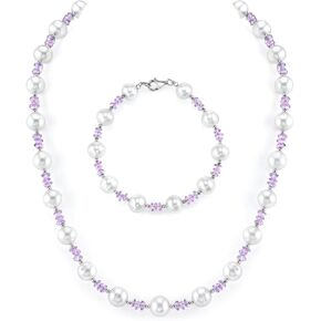8mm White Freshwater Cultured Pearl & Amethyst Necklace & Bracelet