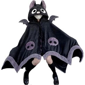 YEMOCILE Women’s Bat Cape Halloween Fuzzy Fluffy Cloak Goth Skull Print Kawaii Button Warm Hoodie Coat Streetwear