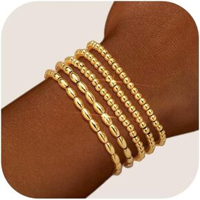 Wowshow Gold Bracelets for Women 18K Gold Plated Gold Bracelet Stack Beaded Bracelets for Women Strand Bead Ball Bracelet Sets Stackable Gold Jewelry for Mother's Day Gifts Christmas Birthday