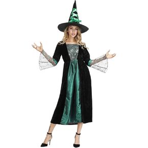 Womens Wicked Witch Costume Long Sorceress Classic Dress with Hat Fancy Party Dress Up Cosplay Costumes