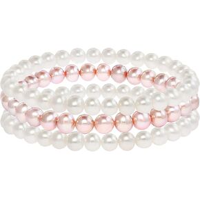 Set of 3 Pink & White 6mm-6.5mm AAA Freshwater Cultured Pearl Stackable Layered Classic Stretch Strand Bracelets - 7" in Kuwait