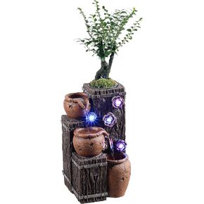 Tabletop Water Fountain,Woodgrain Succulent Growing Fountain with 5 LED Color Changing Lights， Meditation Desk Water Decorative Home Decor，Office Decor or House Warming Gifts New Home