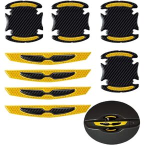 8pcs Universal 3D Carbon Fiber Car Door Handle Paint Scratch Protector Sticker Auto Door Handle Scratch Cover Guard Protective Film Car Outdoor Safety Reflective Strips (Yellow)
