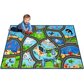 Kids Rug Playmat Rug,59"X39.4" Marine Animals Car Rugs for Kids Toy Cars,Non Slip Aquarium Road Map Kids Carpet for Playroom Bedroom Boys,Kids Play Mat Road Rug,Track Rug Car Play Carpet for Kids