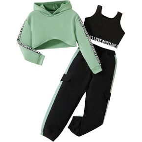 MakeMeChic Girl's 3 Piece Outfits Letter Print Hooded Crop Top and Pocket Jogger Pants Set with Tank