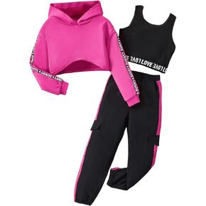 طقم ملابس للفتيات من MakeMeChic مكون من 3 قطع بغطاء للرأس وطبعة حروف وسروال الركض مع جيب مع تانك in Kuwait