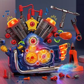 Engine Building Kit, Kids Mechanic Toys for Motorcycle Engine Toy, STEM Engine Model Kit Toy with Cool Light and Music, Educational Science Building for Boys Age 3+Year Old Mechanic Tools (Blue)