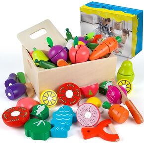Wooden Play Food for Kids Kitchen, 32PCS Pretend Cutting Fruits Vegetables Food Play Toy Sets, Early Education Montessori Kids Toys, for Toddlers and Kids Ages 3+