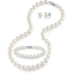 The Pearl Source 14K Gold 7-8mm AAAA Quality Round White Freshwater Cultured Pearl Necklace, Bracelet & Earrings Set in 17" Princess Length for Women