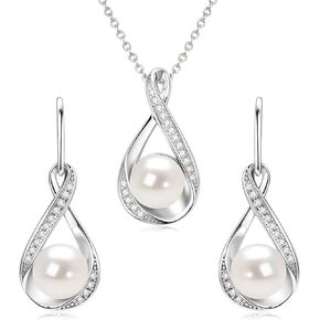 Sterling Silver Pearl Jewelry Set with Shiny Moissanite, Real Freshwater Pearl Earrings Necklace for Women, Wedding Jewelry for Brides Bridesmaid, Mother's Day
